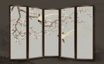 水墨山粉色花枝鸟背景墙