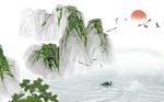 中式绿色山水海鸥背景墙