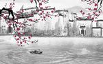 江南风景花枝湖水背景墙