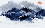 意境蓝色波纹夕阳背景墙
