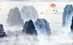 唯美云雾蓝色山峦飞鹤背景墙