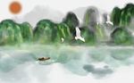 中式绿色山峦小船夕阳背景墙