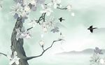 工笔手绘花鸟木兰花背景墙