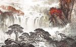 红色抽象山水风景国画背景墙