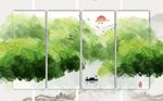 绿色创意山峦飞鸟小船背景墙