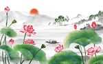 清新淡雅荷花山水背景墙