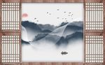 中式手绘山水画水墨线条背景墙