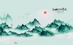 中式意境水墨画小船飞鸟背景墙
