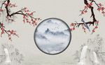 中式水墨山花枝瀑布背景墙