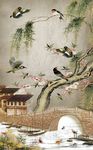 江南小桥小舟鲤鱼花鸟装饰画