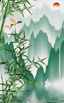 绿色飞鸟水墨山水装饰画