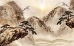 水墨纹雅致山河大雁日出背景墙