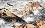 意境山水画小鹿飞鸟背景墙