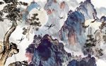 中式唯美意境山水画高山塔背景墙