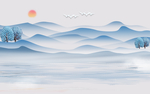 蓝色山水水墨中式玄关屏风背景底
