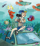 汽车海底鱼拍照女游客旅游插图