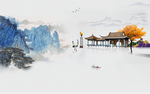 简约蓝色山峰水墨风彩壁画背景墙