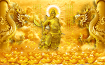 佛光普照金黄色元宝关公壁画背景