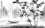 默韵山水轻舟泛水山峰壁画背景墙