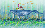 绿色海底海草大鲨鱼壁画背景墙
