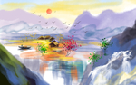 水彩画山水玄关屏风背景底纹素材