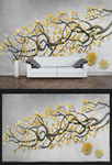 现代简约3D浮雕树枝金叶子背景