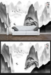 新中式水墨山水情客厅背景壁画