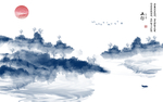 蓝色山水新中式创意玄关屏风背景