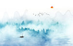 蓝色雾气水墨山水画背景图片