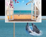 3D立体窗户海边风景背景墙
