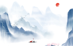 蓝色水墨山水创意新中式玄关屏风