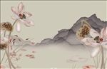 新中式素雅荷花手绘花鸟背景墙壁