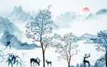 新中式抽象水墨山水麋鹿背景墙