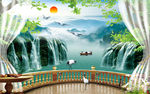 流水生财3D立体阳台风景山水画