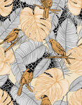 手绘热带植物树叶小鸟服装印花图