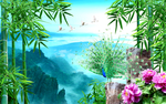 牡丹孔雀风景背景墙