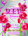 红色大花玫瑰花女王节促销海报