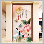 玉雕仙鹤荷花玄关背景墙