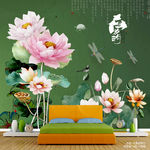 新中式荷花 手绘室内墙绘画作品