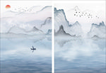 水墨山水风景飞鸟旭日双联装饰画