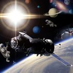 宇宙太空中的飞船和发光星球