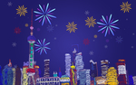 手绘夜色线圈元宵城市烟花背景墙