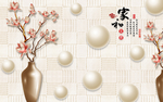 玉兰花花瓶圆球艺术瓷砖立体壁画