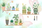 水彩植物盆栽手绘背景墙壁画