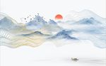 新中式抽象水墨山水旭日飞鸟背景