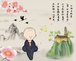 大林寺桃花PSD背景墙模板下载