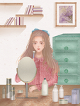 手绘卡通在化妆的女孩