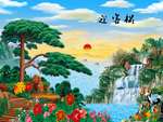 迎客松山水风景瀑布电视背景墙壁