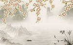中式山水彩雕花卉电视背景墙