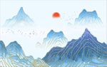 蓝色线条新中式水墨山水背景墙